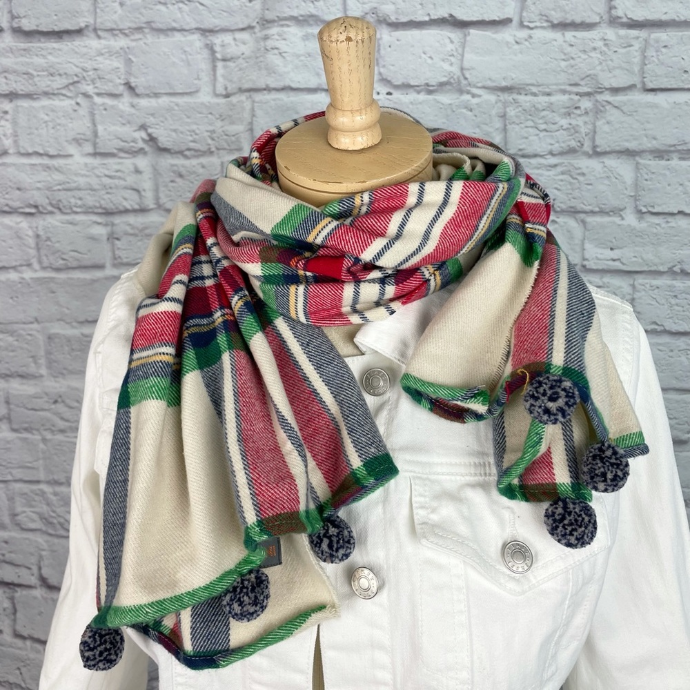 Louisa Perini Cream‎ Plaid Pom Pom Wrap Scarf